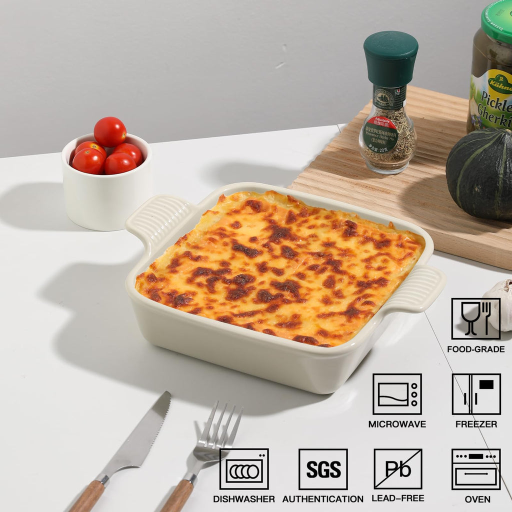 Ceramic Baking Dish, 8 x 8 Cake Baking Pan for Brownie, Porcelain Square Bakeware with Double Handle for Casserole
