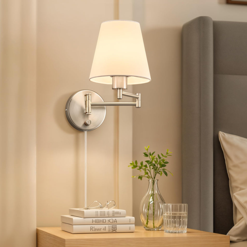 Wall Lamp, Plug in & Swing Arm Wall Sconce, Nickel Finish