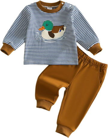 Toddler Boy Fall Outfits Duck Embroidery Baby Sweatshirt Pants Set