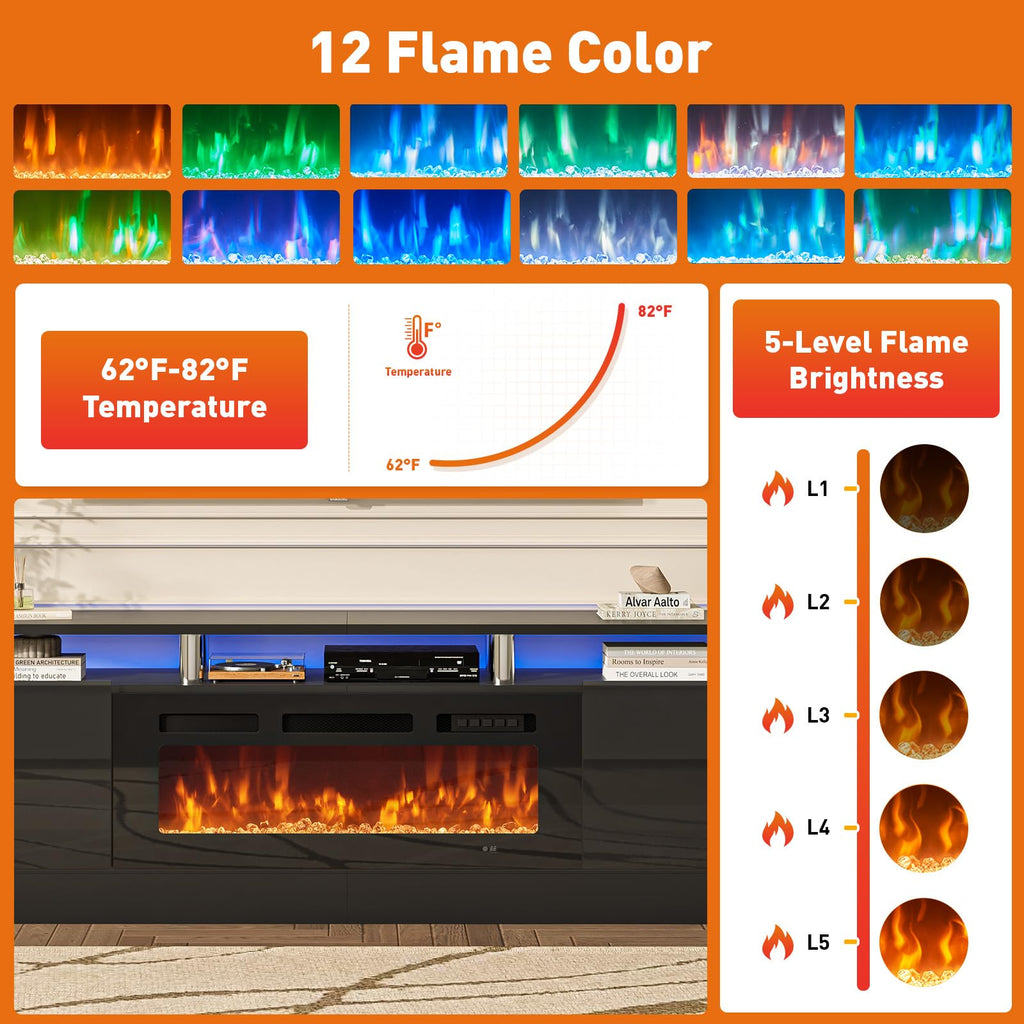 With 36" Electric Fireplace, 2 Tier TV Console Stand for TVs Up to 90"", LED Light Entertainment Center, Fireplace