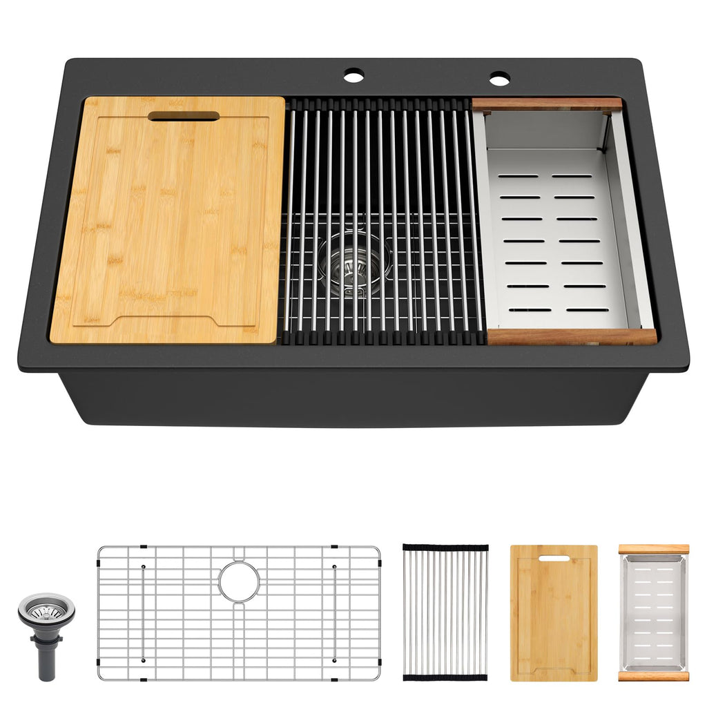 33 Granite Composite Drop In Black 33x22 Workstation Topmount Sink Matte Black Quartz Above Counter Single Bowl Sink