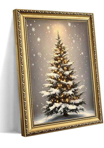 Vintage Gold Framed Christmas Wall Art, Snowy Christmas Tree Wall Decor