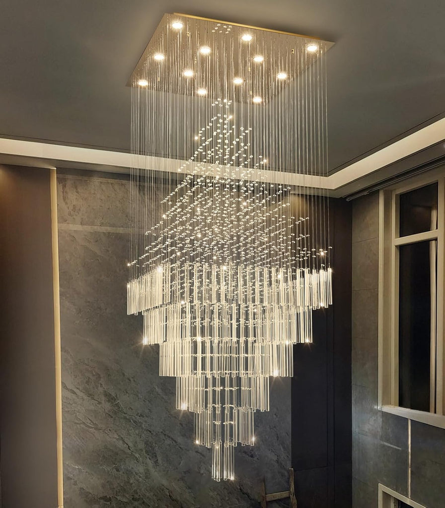 W32 x H120 Glam Chandelier with LED Bulbs Square Chandeliers, Crystal Raindrop High Ceiling Pendant Light for Entrance Large Villa Foyer Lighting Fixtures Gold A100-B0F5PNR7BQ