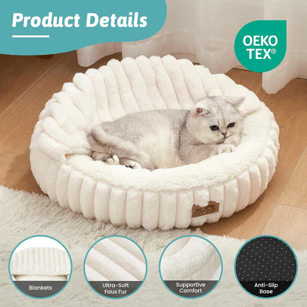 Hooded Blanket Cat Bed - Round Fluffy Donut Cuddler for Cats & Toy Dogs, Anti-Anxiety Faux Fur Pet Bed