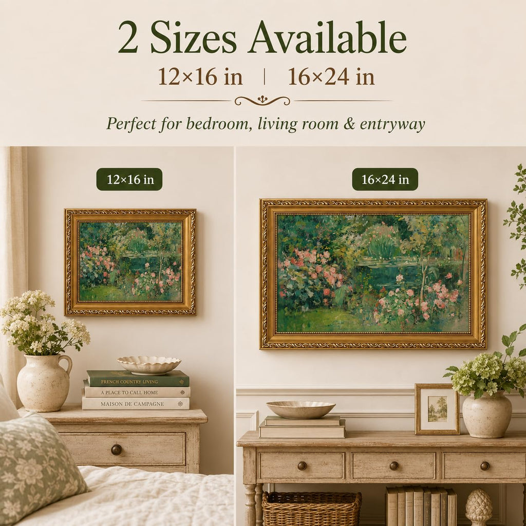 Vintage Gold Framed Monet Garden Wall Art, Impressionist Water Lily Pond Framed Canvas Print, French Country Floral