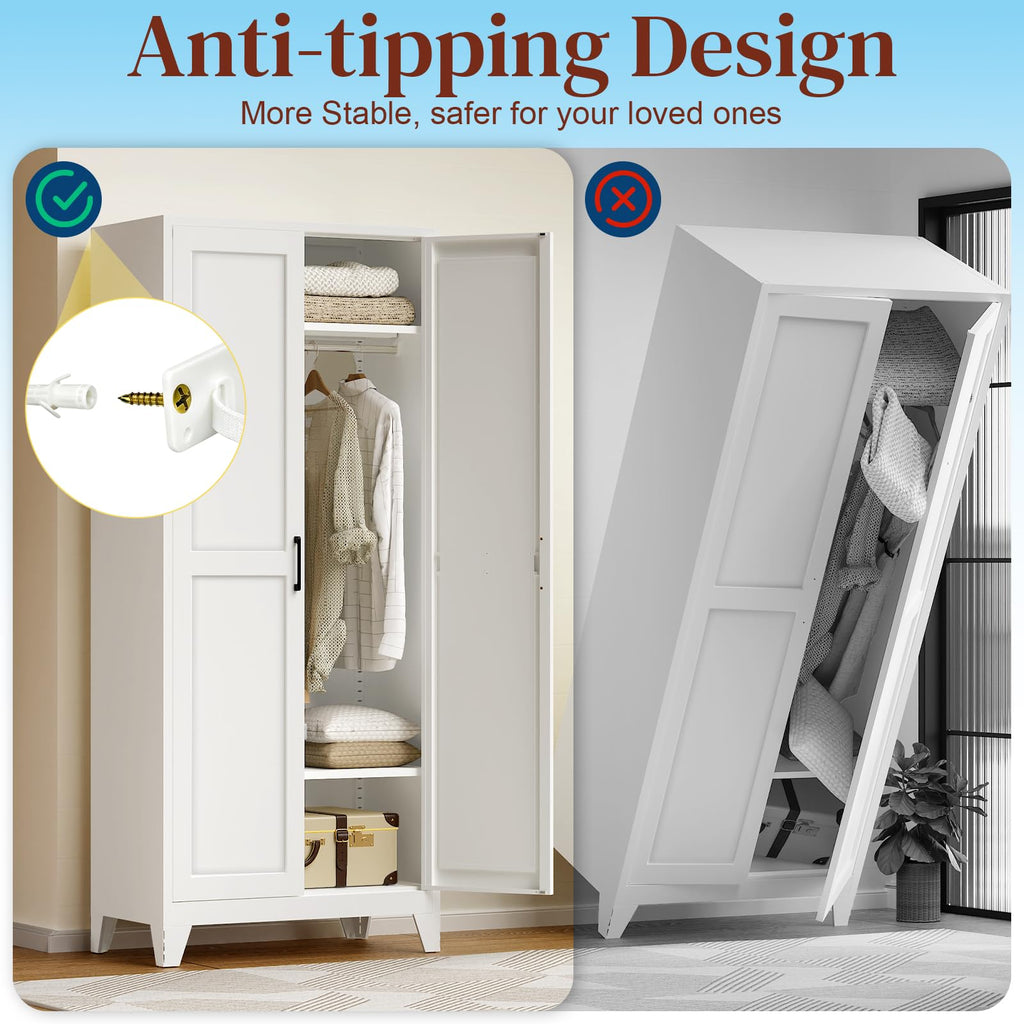 75"Tall Metal Armoire Wardrobe Closet with Hanging Rod & 2 Shelves