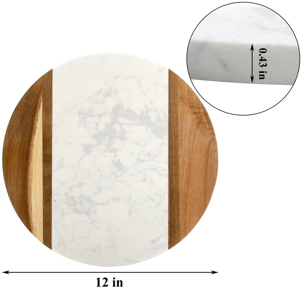 12" Marble Cheese Board and Acacia Wood Serving Board, Handcrafted Round Marble Tray Cutting Board for Cheese