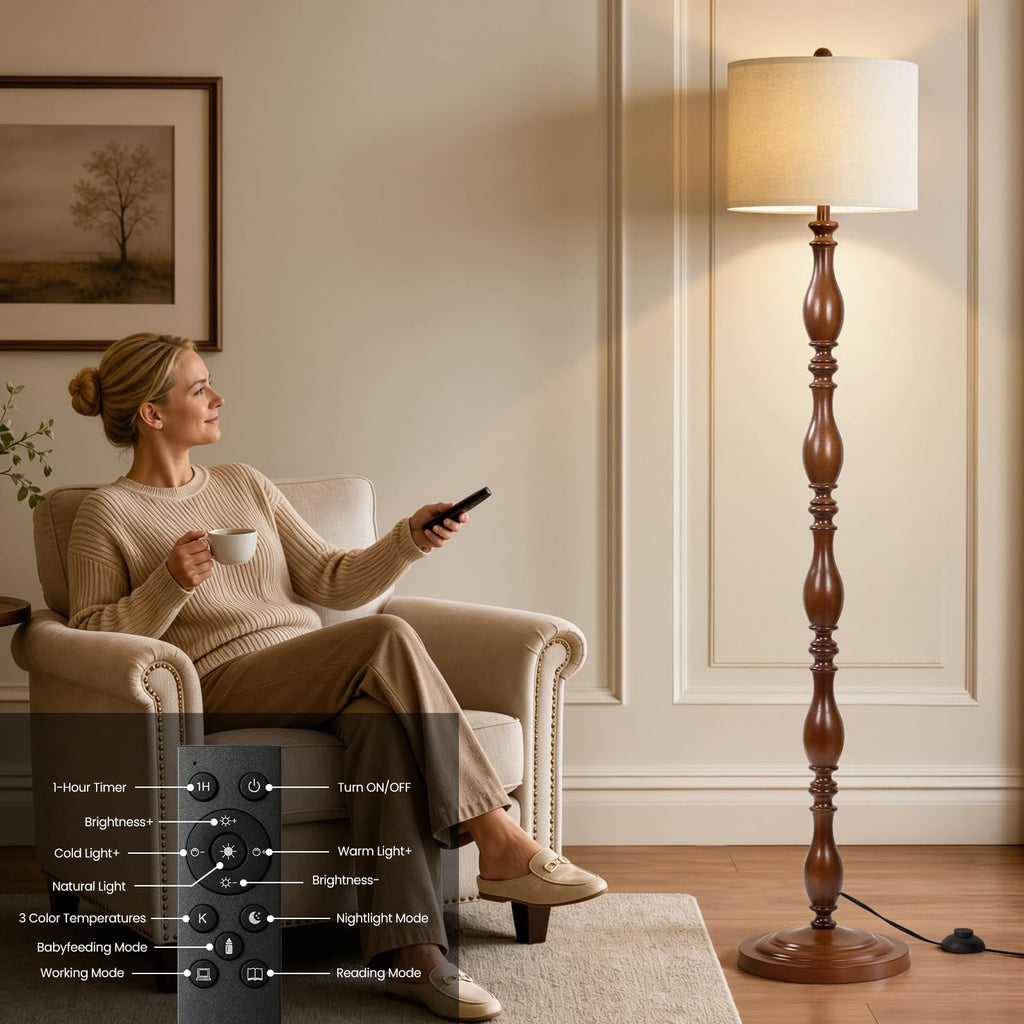 Vintage Wood Floor Lamp with Remote and Dimmable