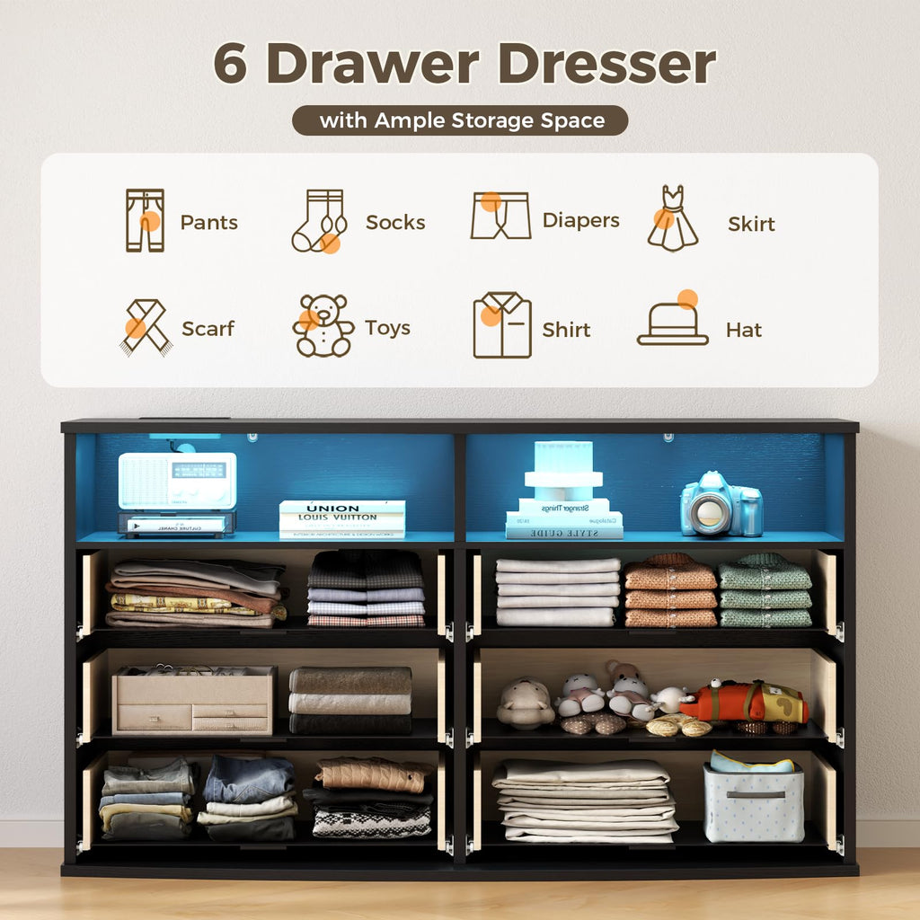 6-Drawer Dresser with 2 Open Cubbies, LED & Power Outlet
