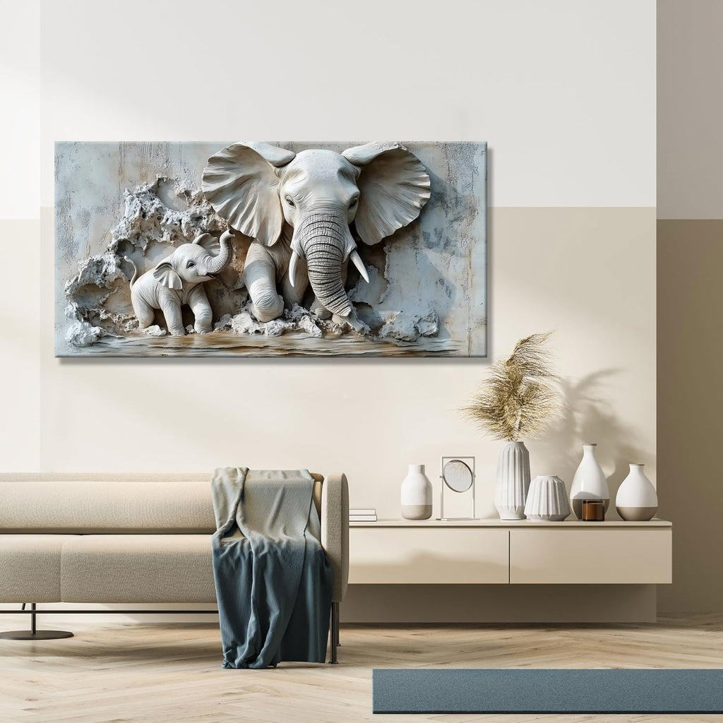 Warm Mother & Baby Elephant Texture Art Picture - Frameless Canvas Wall Art Painting, Family Room, Hallway - 58'' x