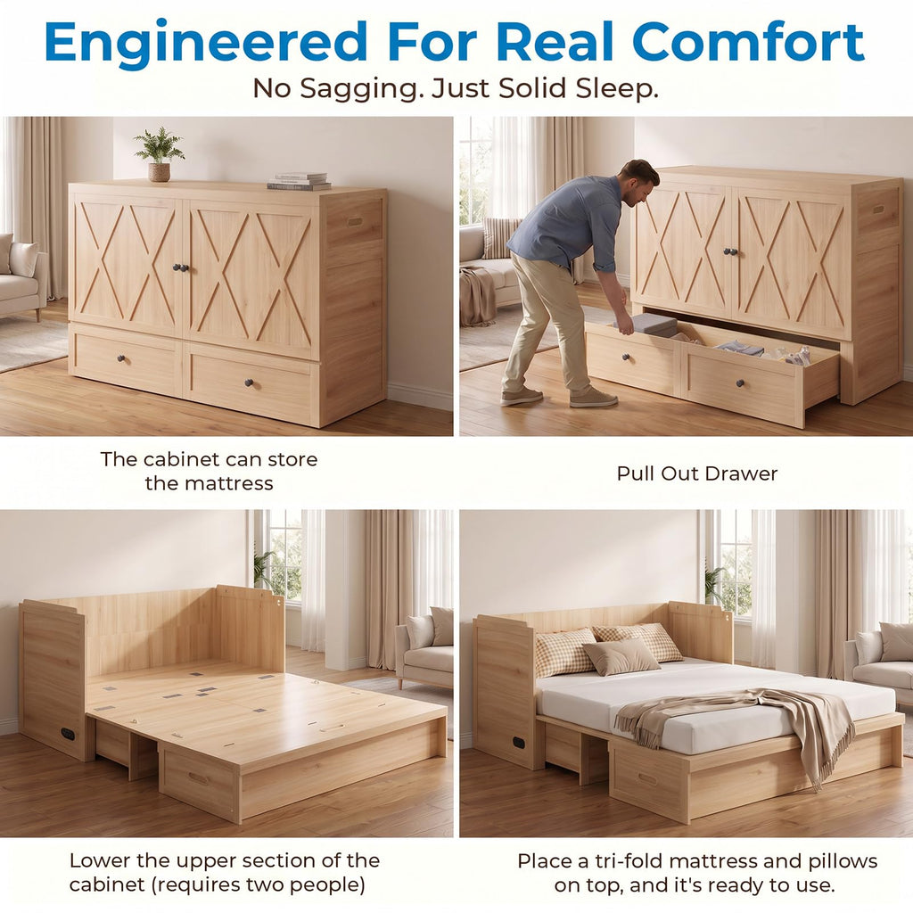 Queen Size Murphy Bed, Cabinet Bed Queen with Mattress Included, Built-in Charging Station, Storage Drawers, Murphy