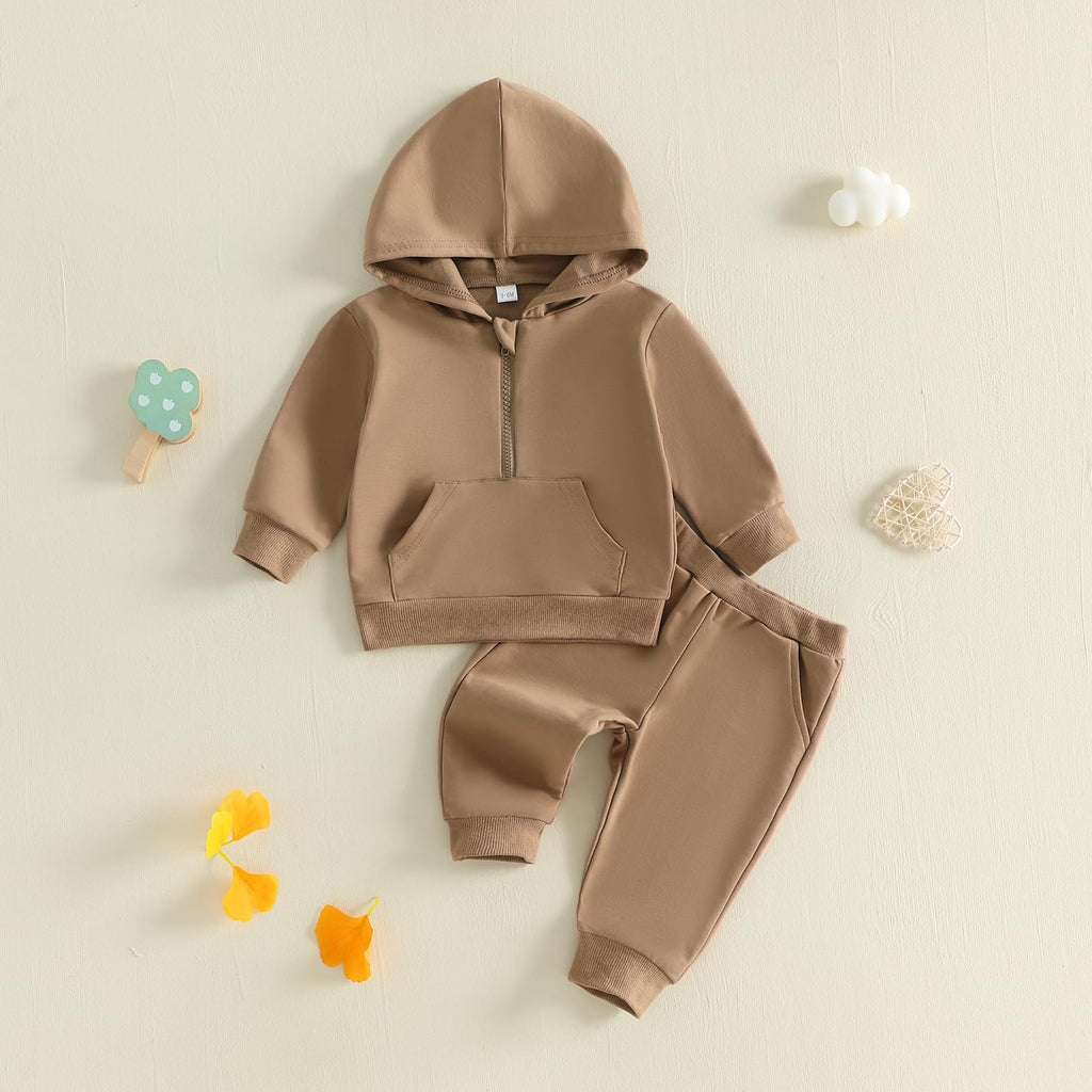 Toddler Baby Boy Clothes Zipper Hooded Sweatshirt Jogger Pants Set (Solid Brown, )