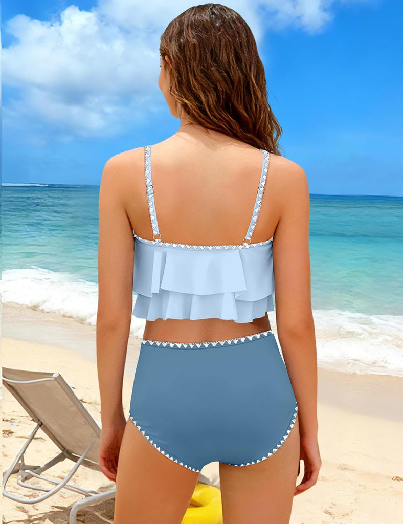 Girls Swimsuit Bikini Set 2 Piece Bathing Suit Tiered Ruffled Contrast Trim Adjustable Straps Girls Swimwear