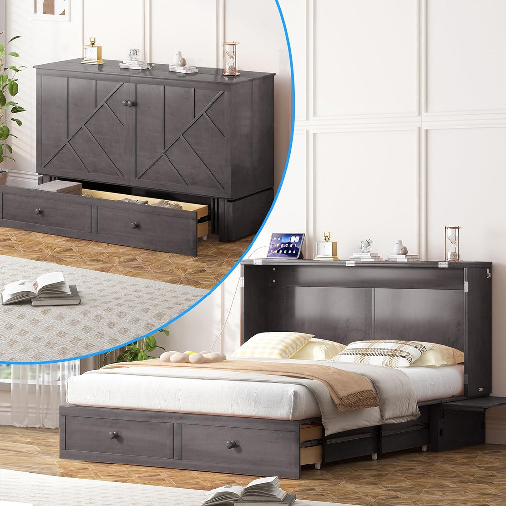Murphy Bed Queen with Mattress Included, Hideaway Wallbed Cabinet Bed with 2 Storage Drawers, USB Charging Ports &