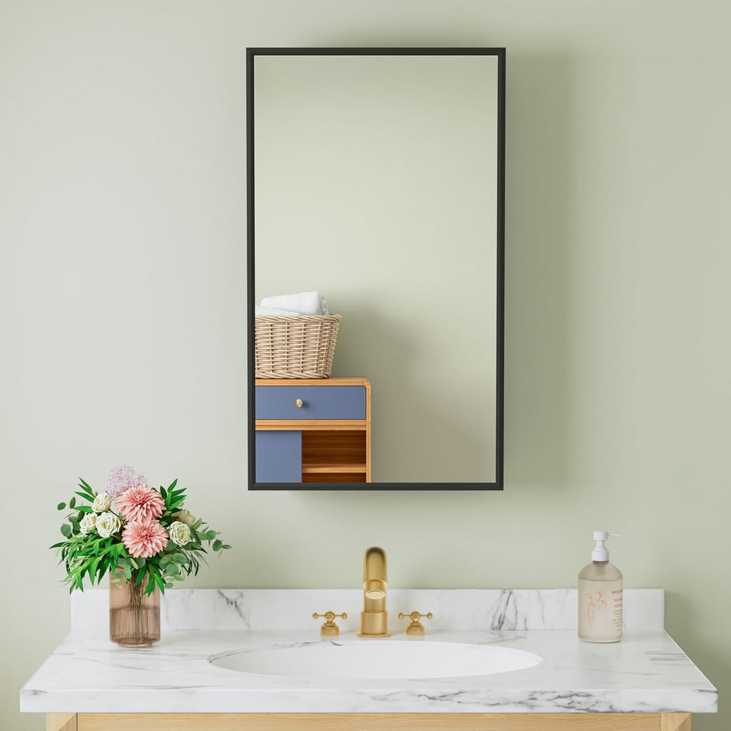 14 x 24 Inch Framed Medicine Cabinet Mirror , Black | Recessed or Wall Mount, Fits 13-3/8 x 22-13/16 Inch Rough