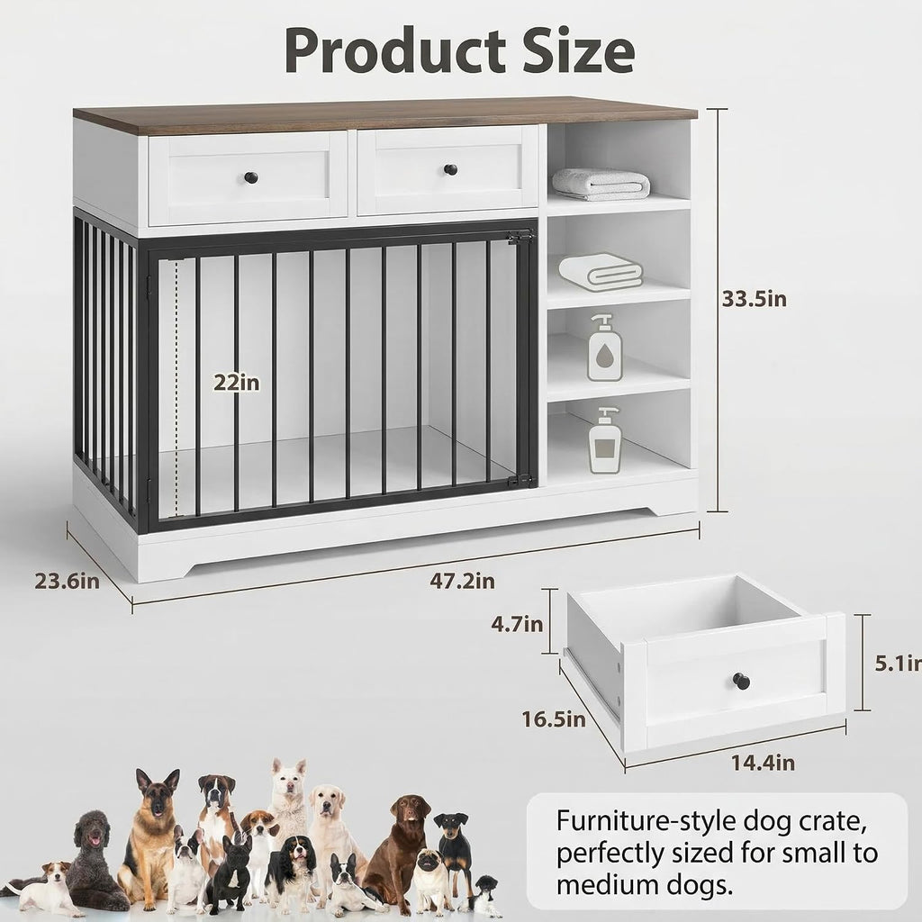 Dog Crate Furniture, Wooden Dog Crate End Table with Storage Drawers, Two-Door Dog Kennel Furniture for Small Dogs
