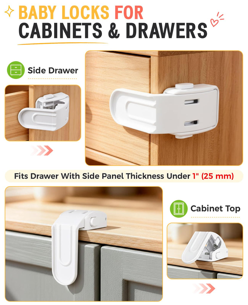Drawer Locks Proofing 4 Pack, Upgraded White Side Furniture Lock