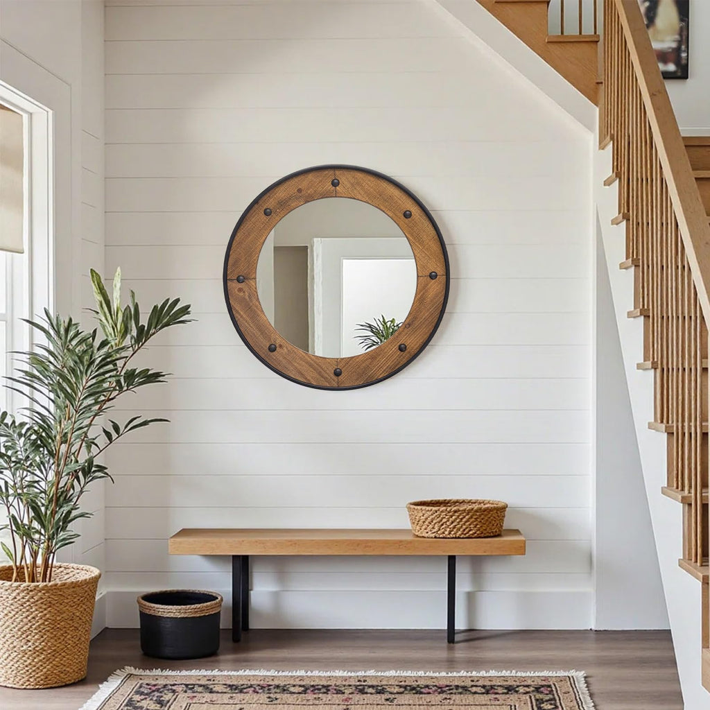 Rustic Round Wall Mirror 24 Inch, Natural Wood Frame with Black Metal Trim, Industrial Farmhouse Style Wall Mirror