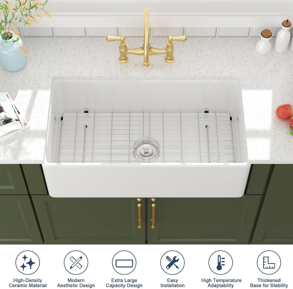 33 Inch White Farmhouse Sink Solid Fireclay | 33"x20"x10" Larger Apron Front Farm House Farmer Style Sinks, Easy to