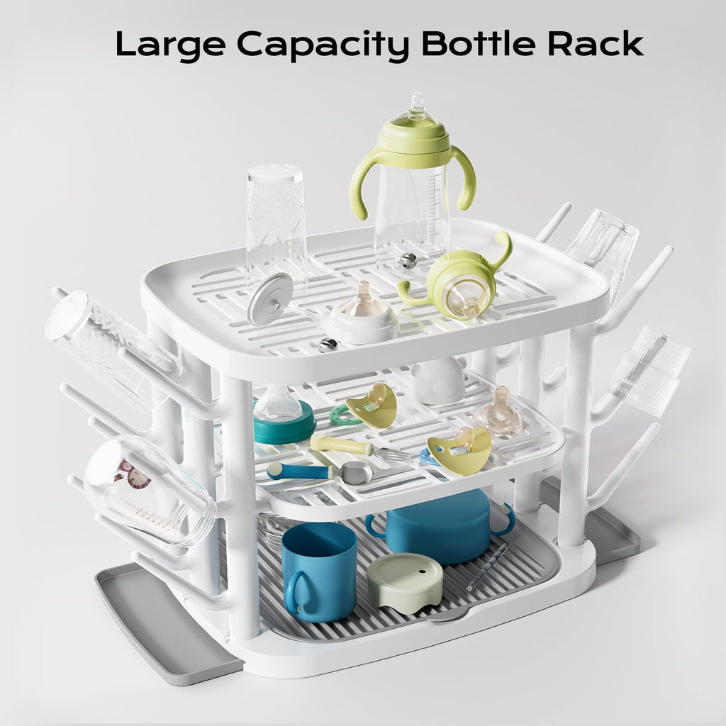 Baby Bottle Drying Rack,3-Tier Large Capacity Countertop Organizer with 360° Ventilation, Removable Drip Tray