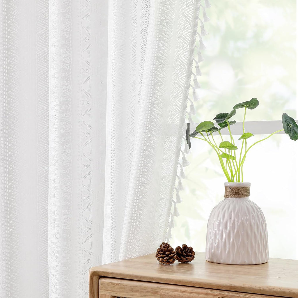 White Boho Sheer Lace Window Curtains with Tassel, 40" Wx72 Lx2