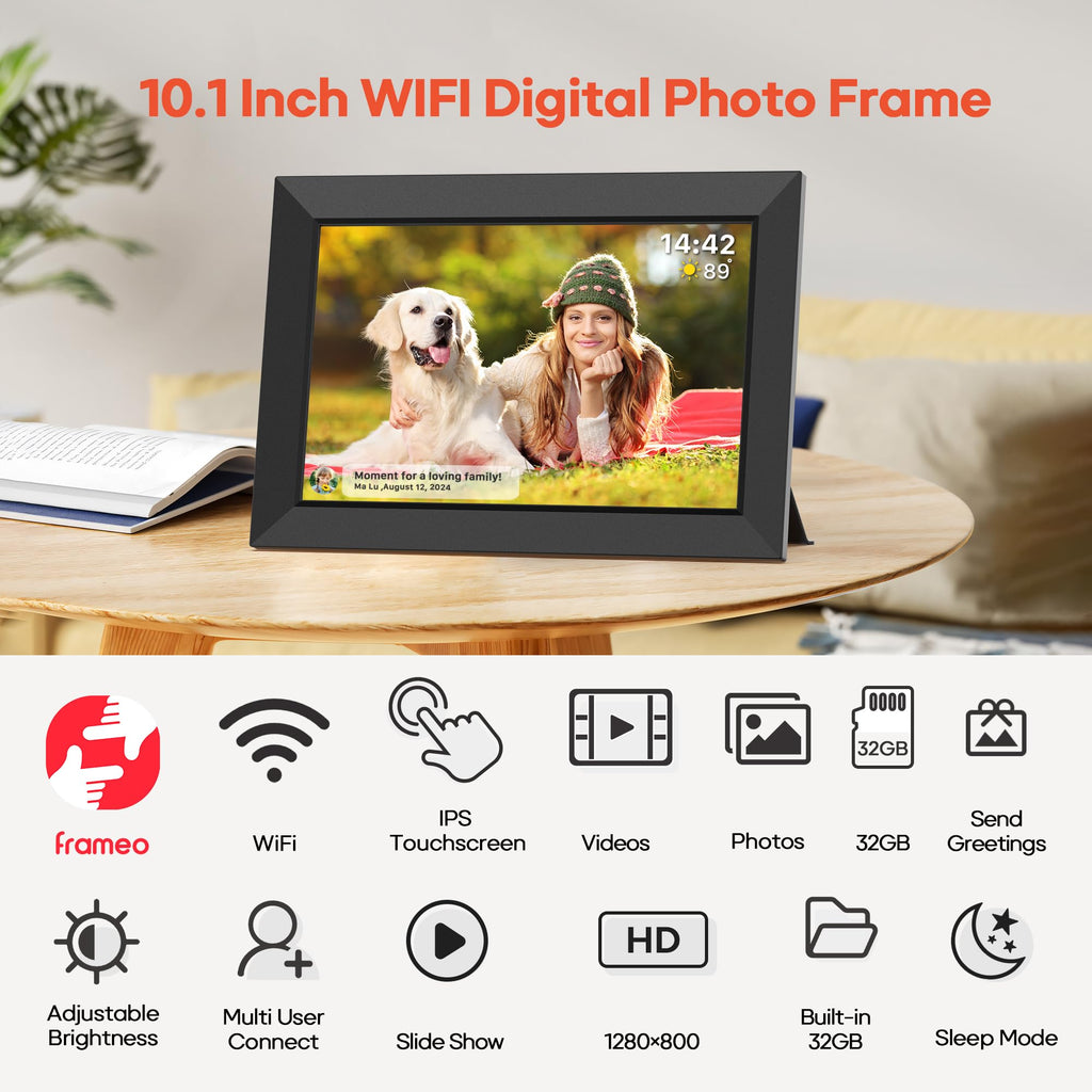 Frameo Digital Picture Frame, 10.1" Electronic Photo Frames WiFi, 32GB
