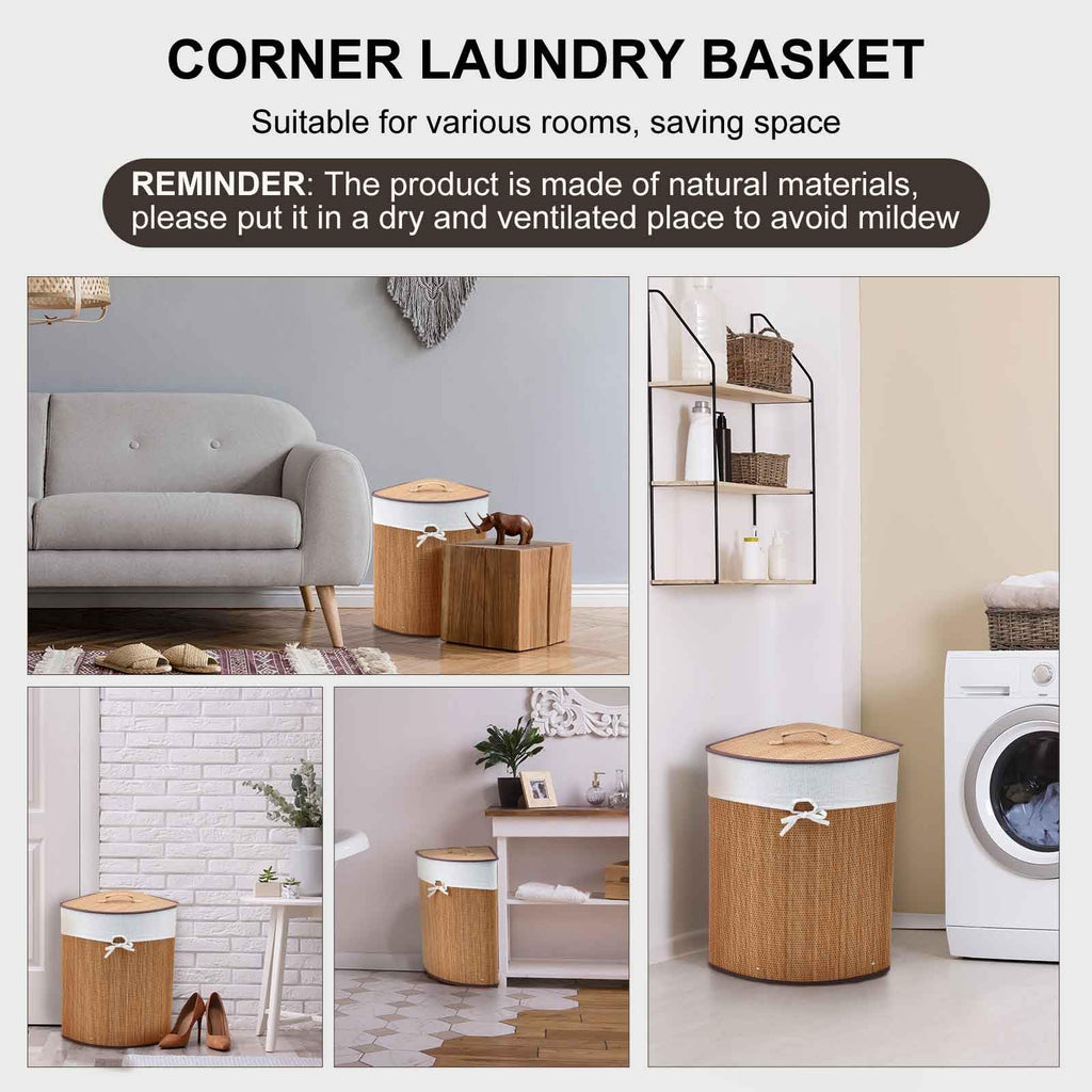 Corner Bamboo Laundry Hamper with Lid, Natural Brown, Woven