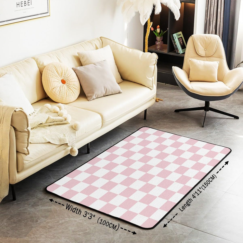 Checkered Decorative Carpet Teen Women Men Pink Plaid Area Rug 3x5 Kids Boys Girls Cute Retro Neutral Checkerboard