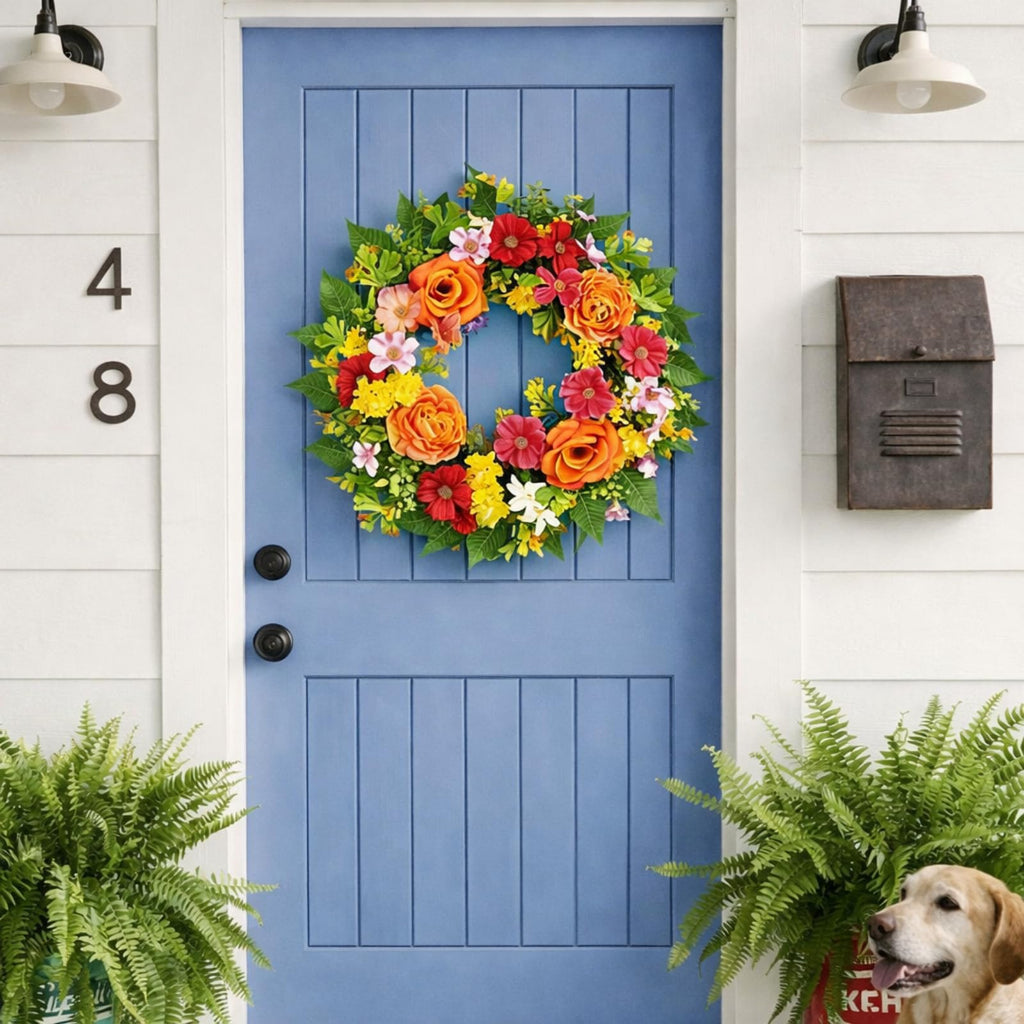20 Inch Spring Wreath for Front Door, Artificial Silk Flower Wreath on Grapevine Base with Orange Rose-Style Blooms
