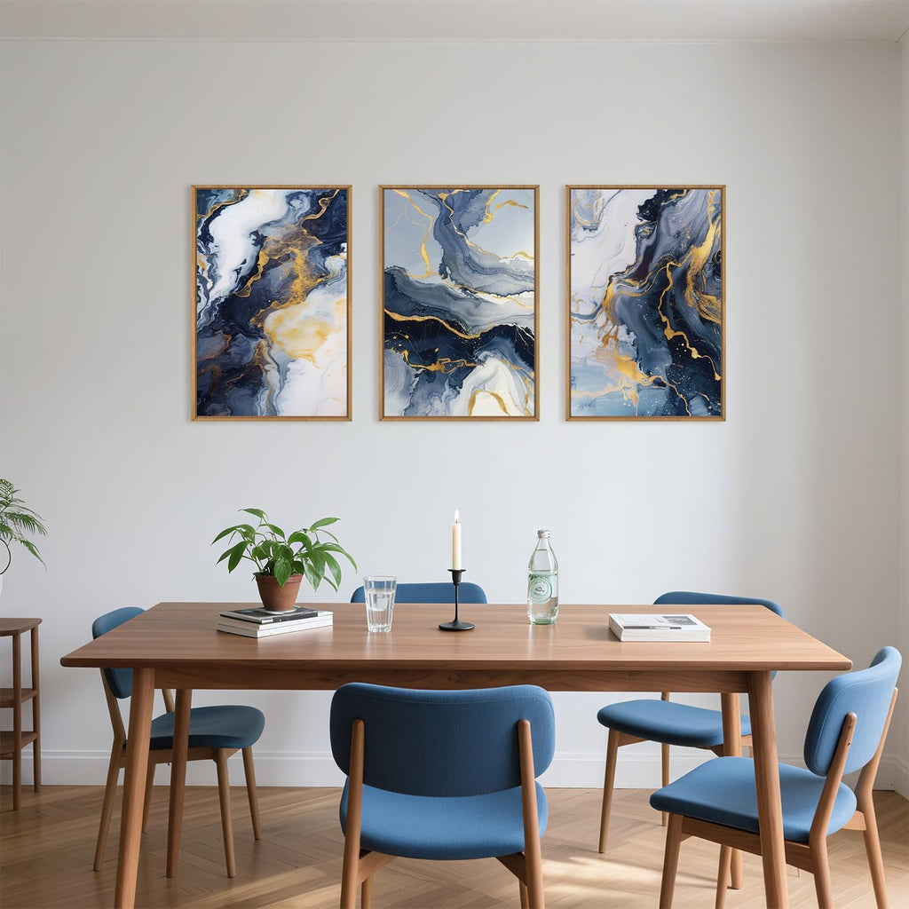 Navy Blue and Gold Framed Canvas Wall Art Set,Mid-Century Modern Abstract Wall Decor,Navy Blue Ink Wash