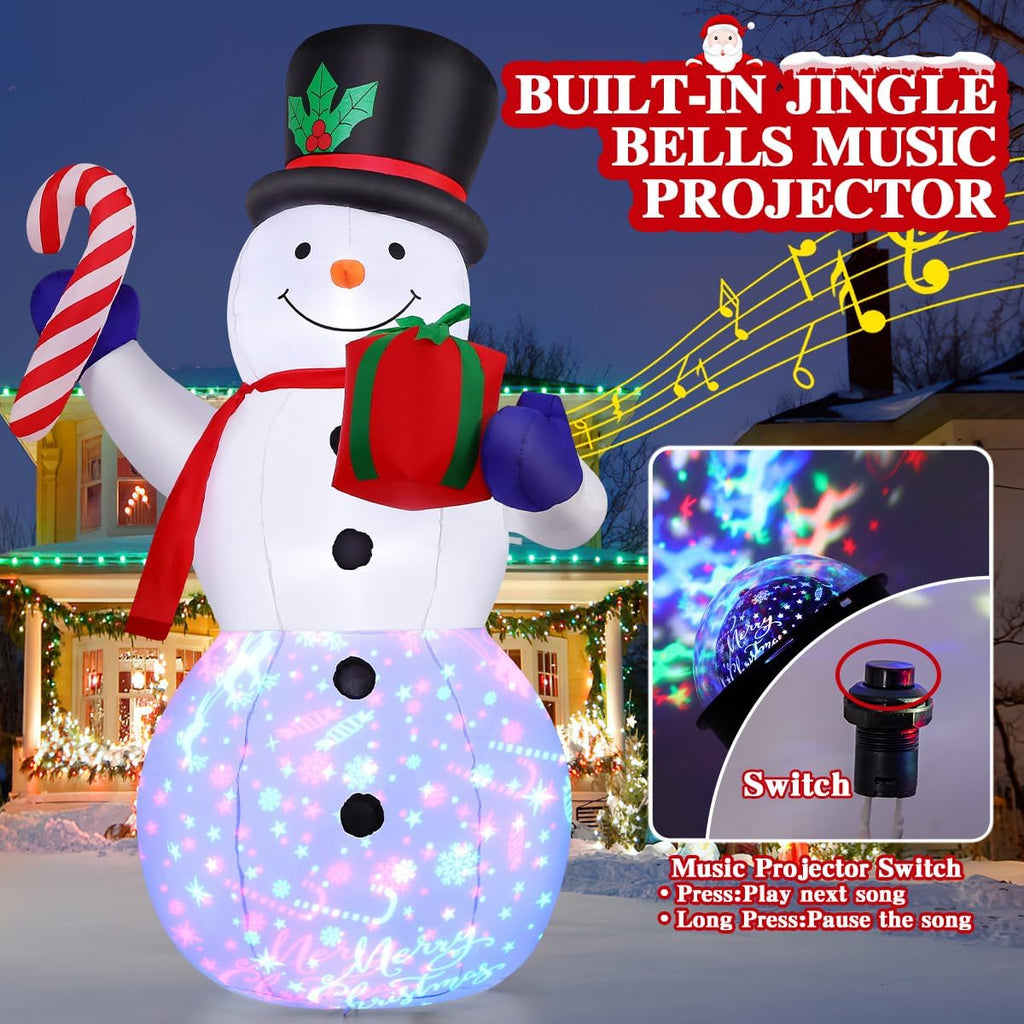 8 FT Christmas Inflatables Snowman and Gift Box with Built-in Music & 360° Rotation Colorful Projector LED Light