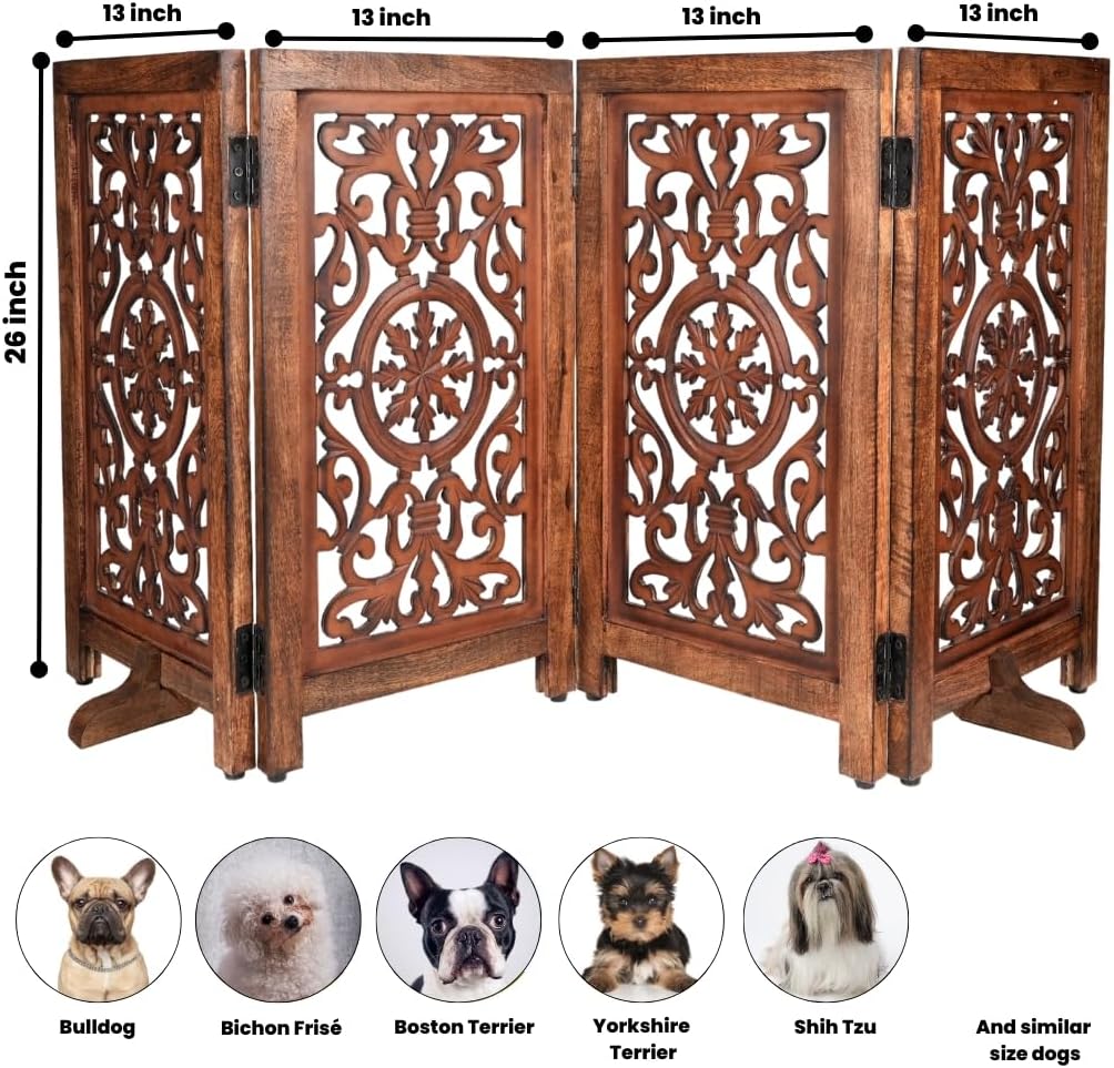 Wooden Pet Gate - Foldable 4 Panel Dog Barrier, Antique Burnt