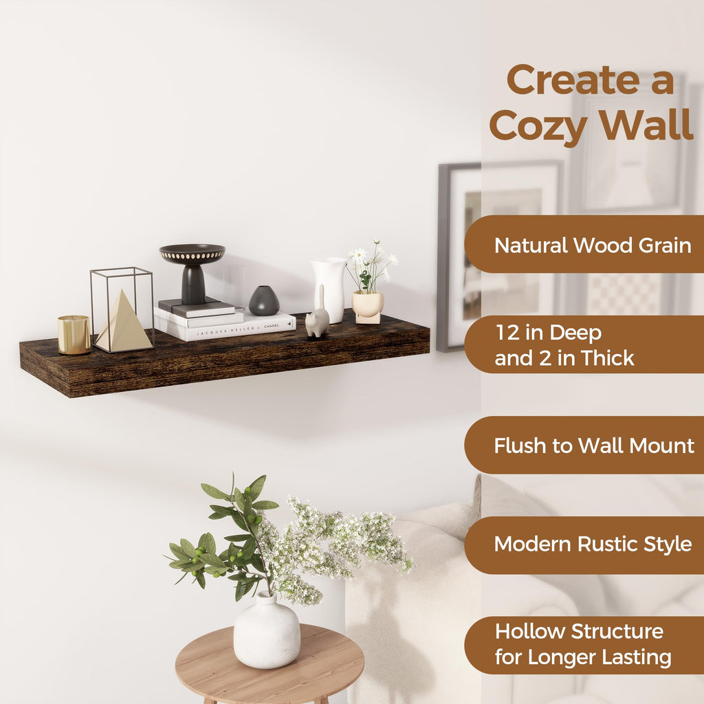 Floating Shelves 30 Inch Long, 12 Inch Deep Floating Shelf for Books, Rustic Wood 30 x 12 Storage Shelves for Wall