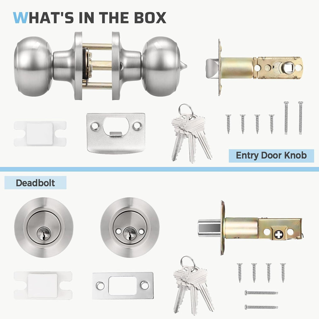 2 Pack Keyed Alike Door Knob and Double Cylinder Deadbolt Set, Exterior Door Lock Set, Double Keyed Door Knob, Satin