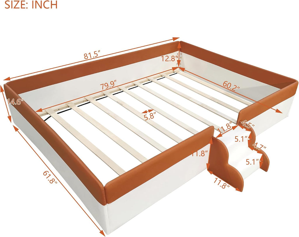 Queen Size Kids Floor Bed, Daybed Frame with Fence & Stairs, Upholstered Wood Bed , Brown+White