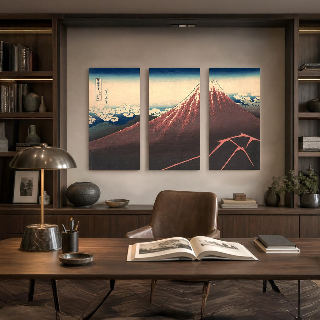 Japanese Wall Art, Black Fuji Hokusai Storm 3 Piece, 36x24''