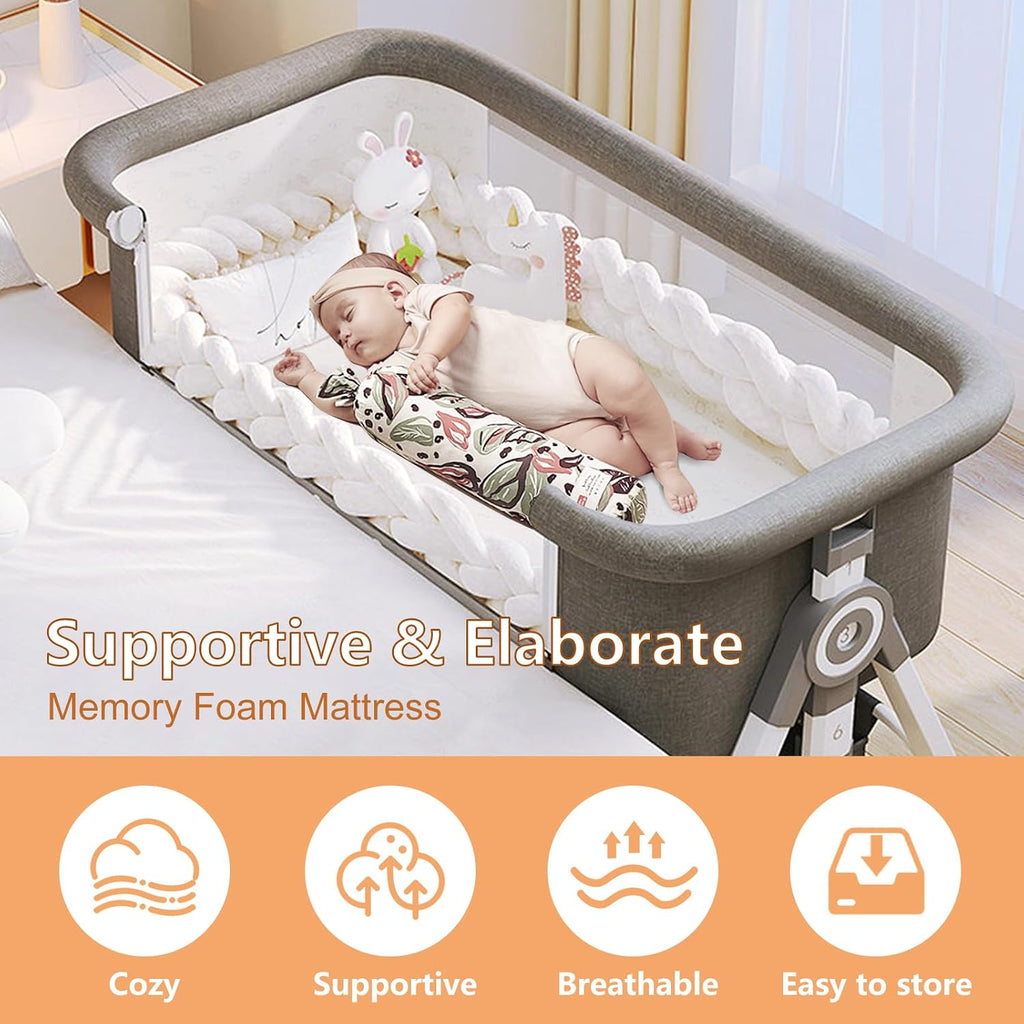 4 in 1 Baby Bassinet, Rocking Bassinets Bedside Sleeper with Comfy Mattress and Wheels, 6 Height Adjustable Easy