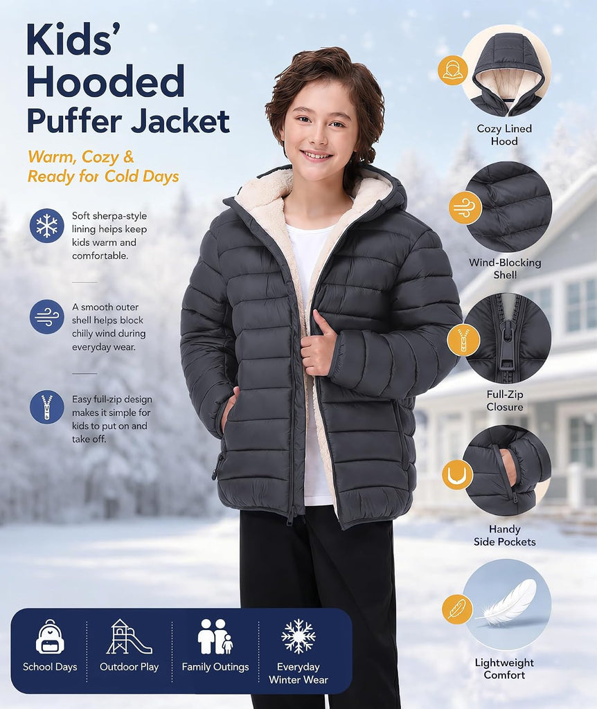 Boys Girls Hooded Winter Coats Sherpa Fleece Lined Puffer Jacket