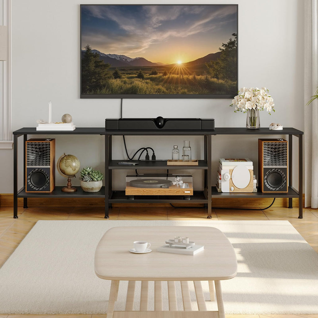 TV Stand with Power Outlets to 75 Inches, TV Console Table with Open Storage Shelves Cabinet, Industrial Media