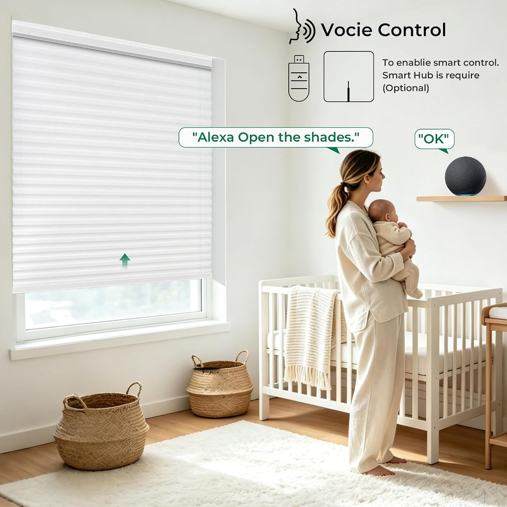 Motorized Cellular Shades No Drill with Remote,White, | Easy-to-Install Honeycomb Blinds with Voice Control,Solar