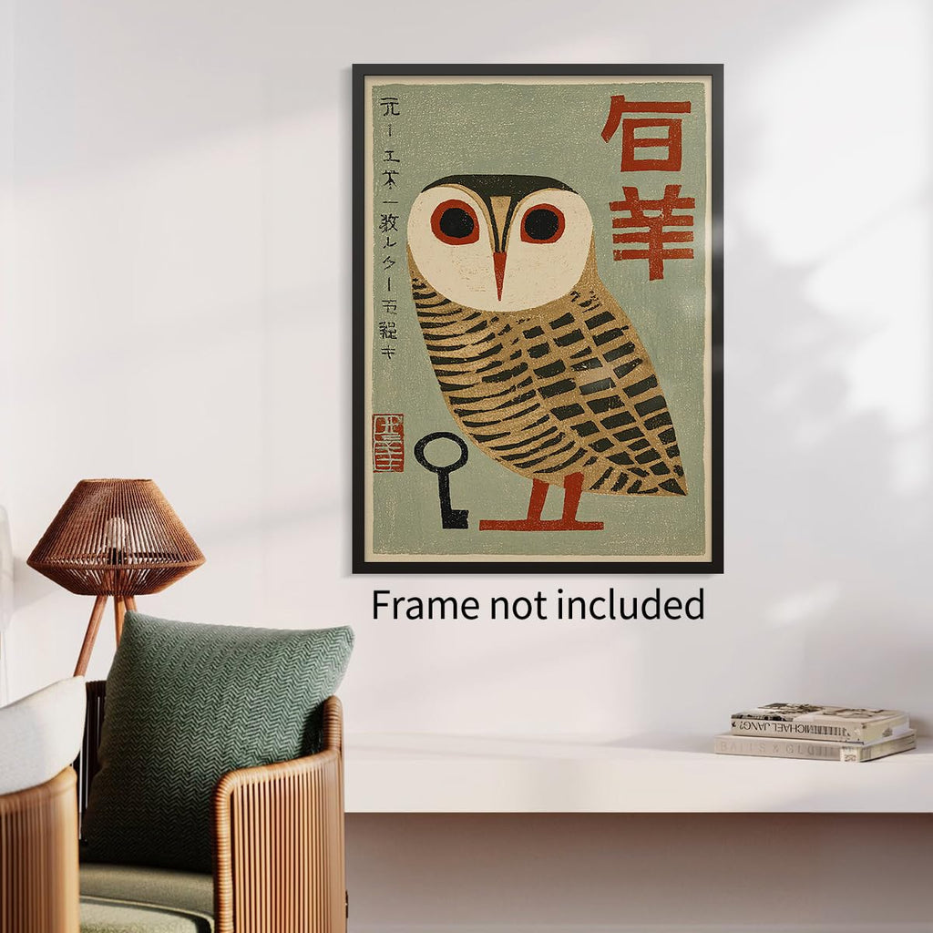 Japanese Animal Poster Prints Vintage Owl Canvas Wall Art Minimalist Bird Painting Nature Rustic Artwork 24x36in