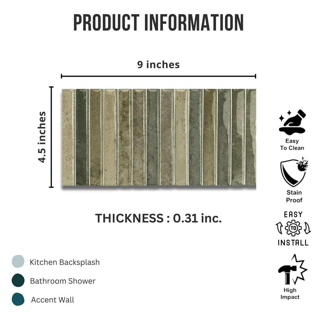 Scandia Glossy Olive Green 4.5x9 Ribbed Porcelain Wall Tile, 3D KitKat Fluted Decorative Tile Backsplash, Bathroom