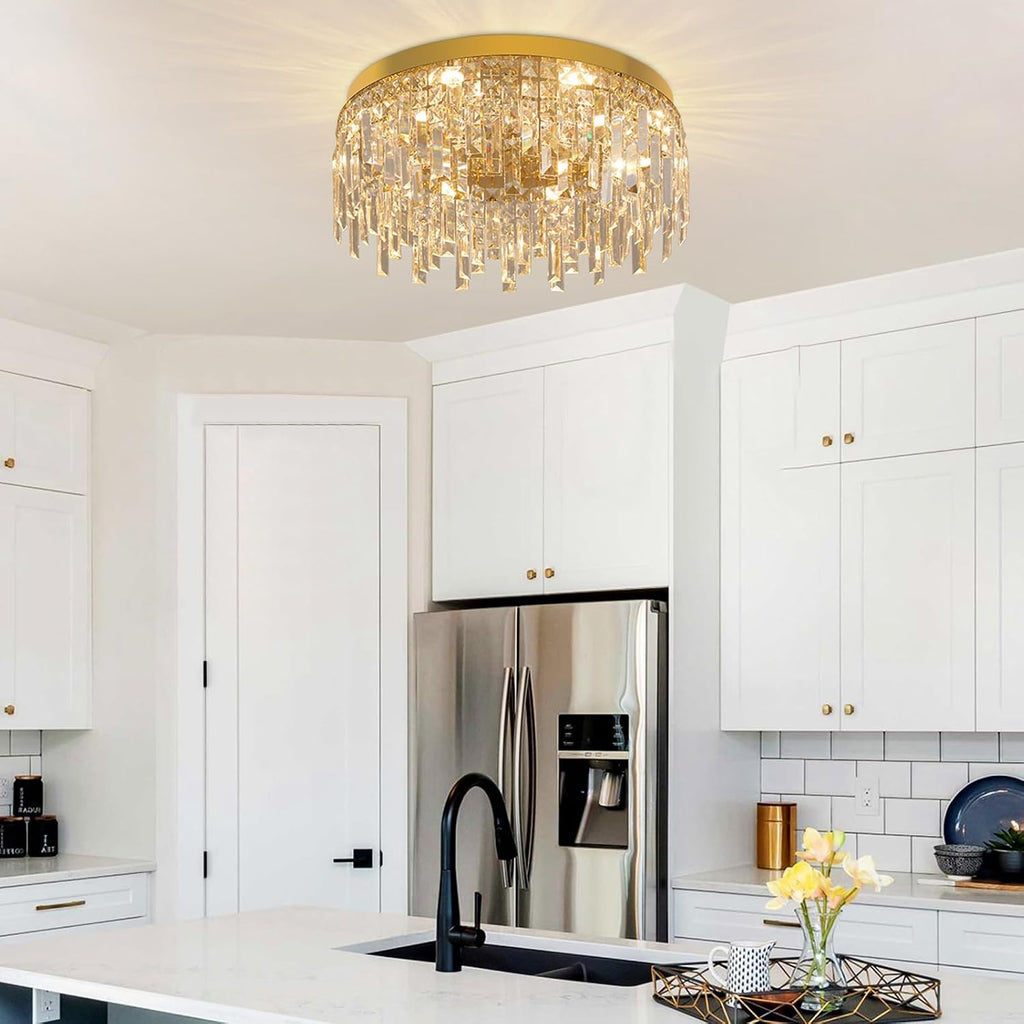 Gold Crystal Chandeliers for Dining Room 19.68" Round Luxury Flush Mount Crystal Ceiling Light Fixture Modern