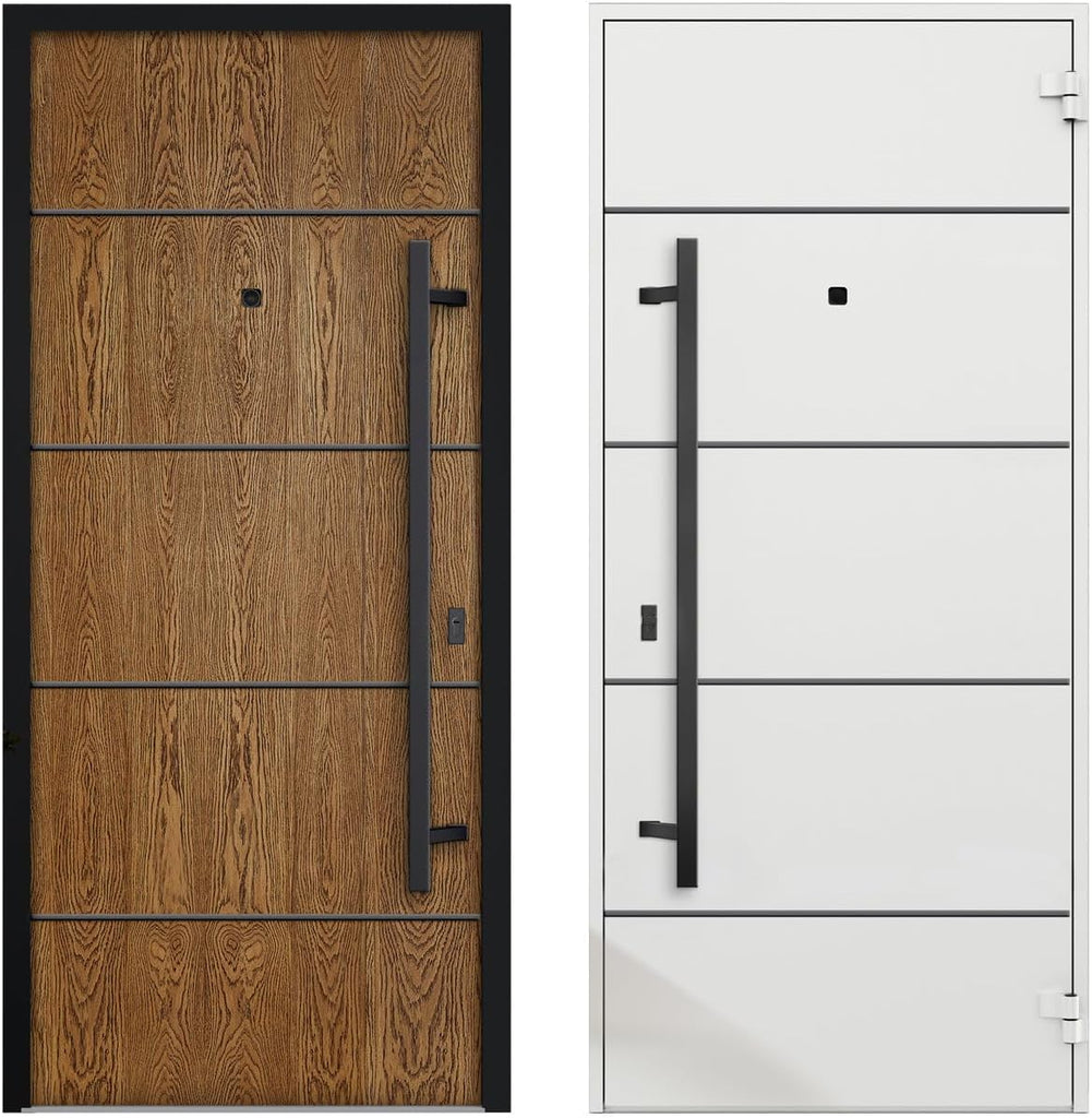 Front Exterior Prehung Steel Door/Deux 6683 Natural Oak/Entry Metal Modern Painted W36 x H80 Right Hand Inswing