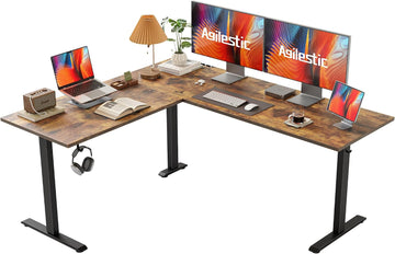 63 x 55 Inch L Shaped Electric Standing Desk, Rustic Brown | Corner Desk, Ample Workspace, Memory Presets, Hooks