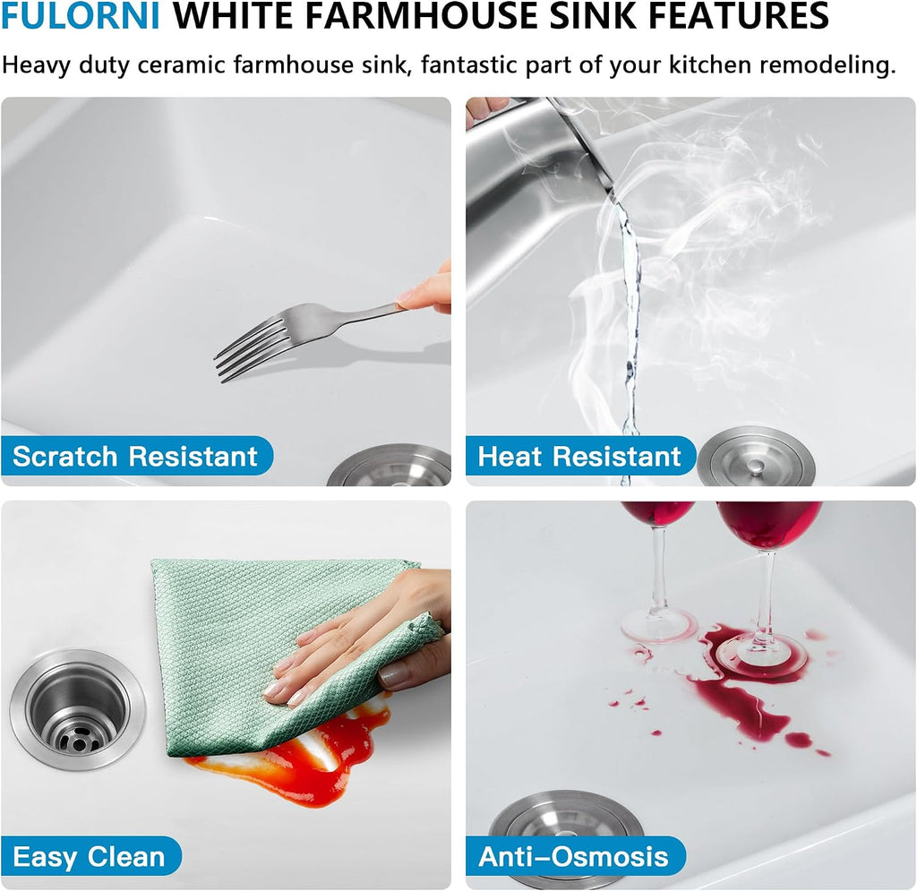 30"x18" White Farmhouse Sink - Reversible Apron Front, High-Gloss Fireclay Porcelain Ceramic Farm Kitchen Sink