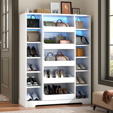 Shoe Storage Cabinet with 5 Storage Drawers, 12 Open Shelves and LED Light