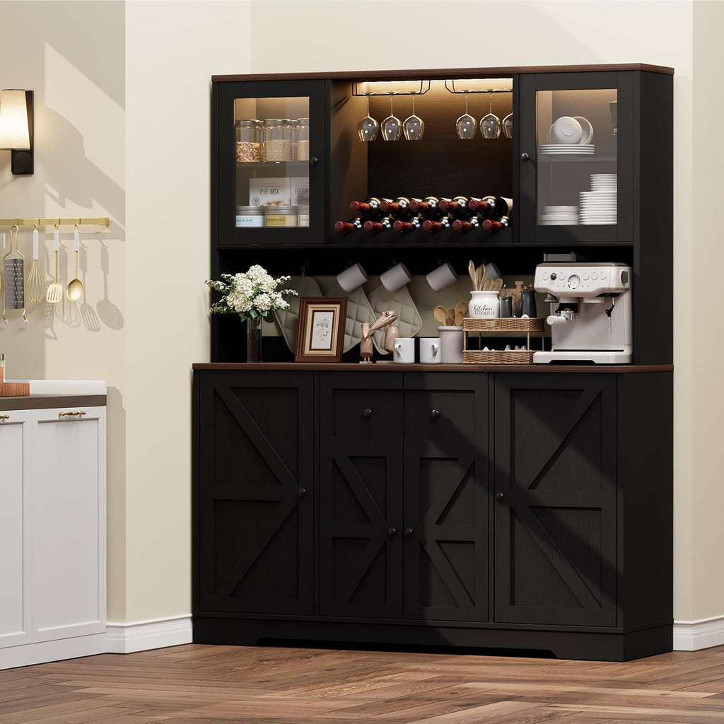 68" Tall Kitchen Pantry Storage Cabinet with Charging Station, 55" Wide Kitchen Hutch Cabinet with Large Countertop