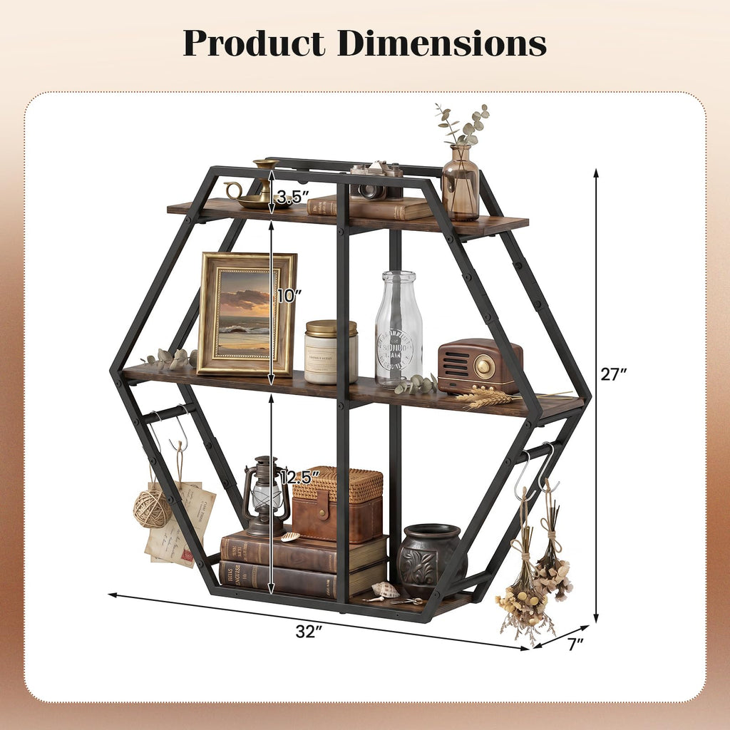Hexagon Wall Shelf, 3-Tier Geometric Bookcase with 4 S-Shaped Hooks & Heavy Duty Metal Frame, Wall Mounted Industrial