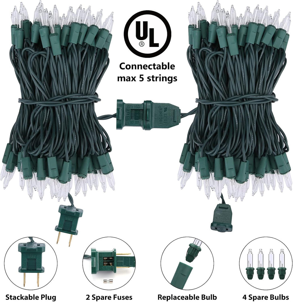 Clear Christmas Lights Green Wire, 33ft 100-Count Mini Incandescent Bulb String Lights Connectable, UL Certified Xmas